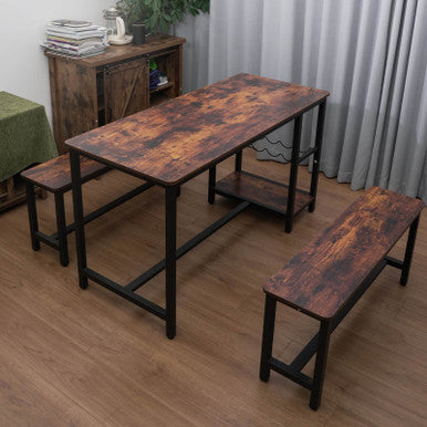 3-Piece Brown Dining Table and Bench Set with Compact Design—PAD-24612D