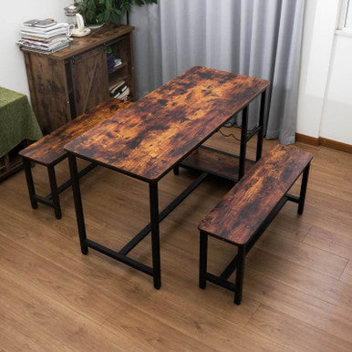3-Piece Brown Dining Table and Bench Set with Compact Design—PAD-24612D