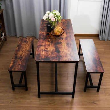 3-Piece Brown Dining Table and Bench Set with Compact Design—PAD-24612D