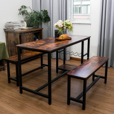 3-Piece Brown Dining Table and Bench Set with Compact Design—PAD-24612D