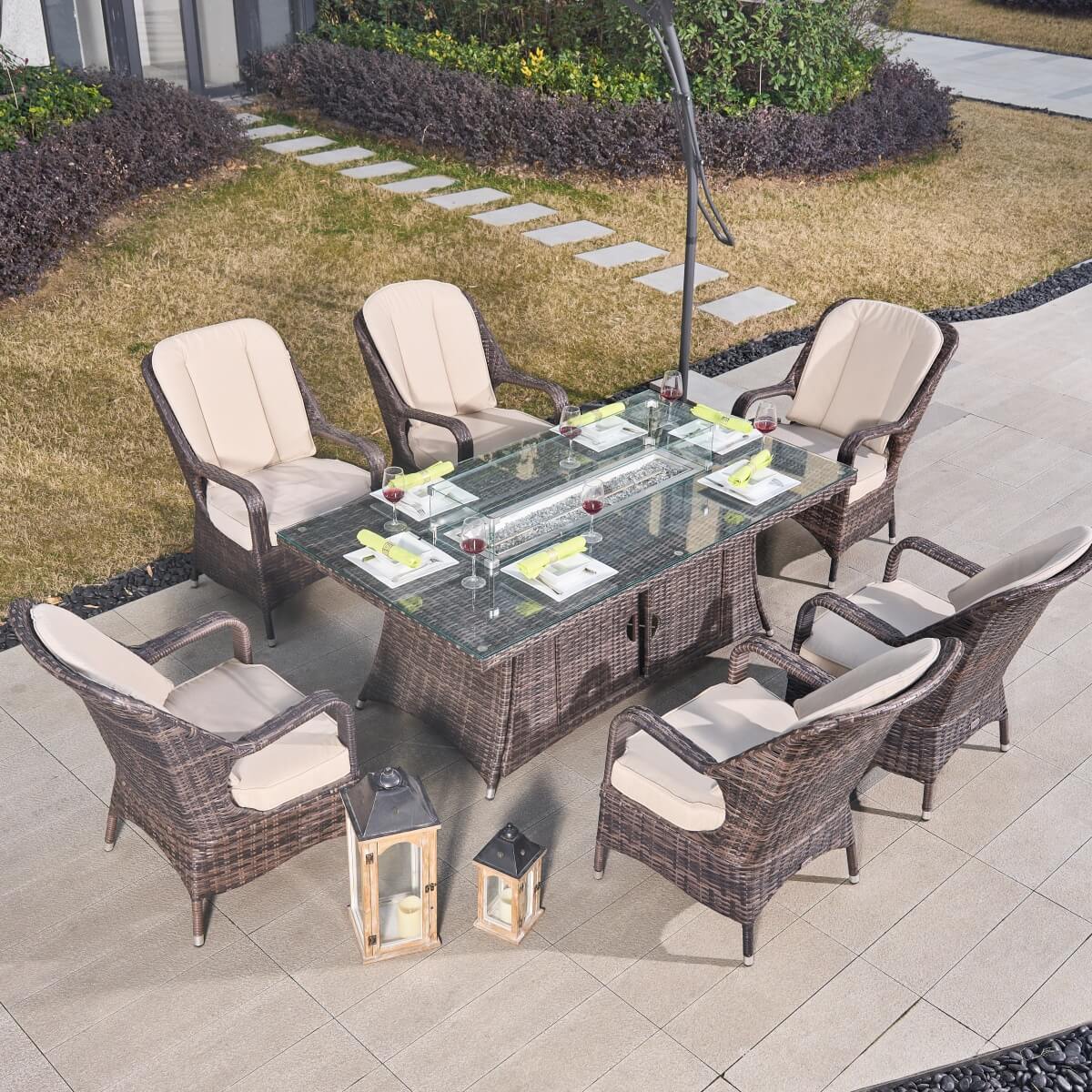 6-Seater Outdoor Fire Pit Dining Set – Rectangle Fire Pit Table for Garden and Patio