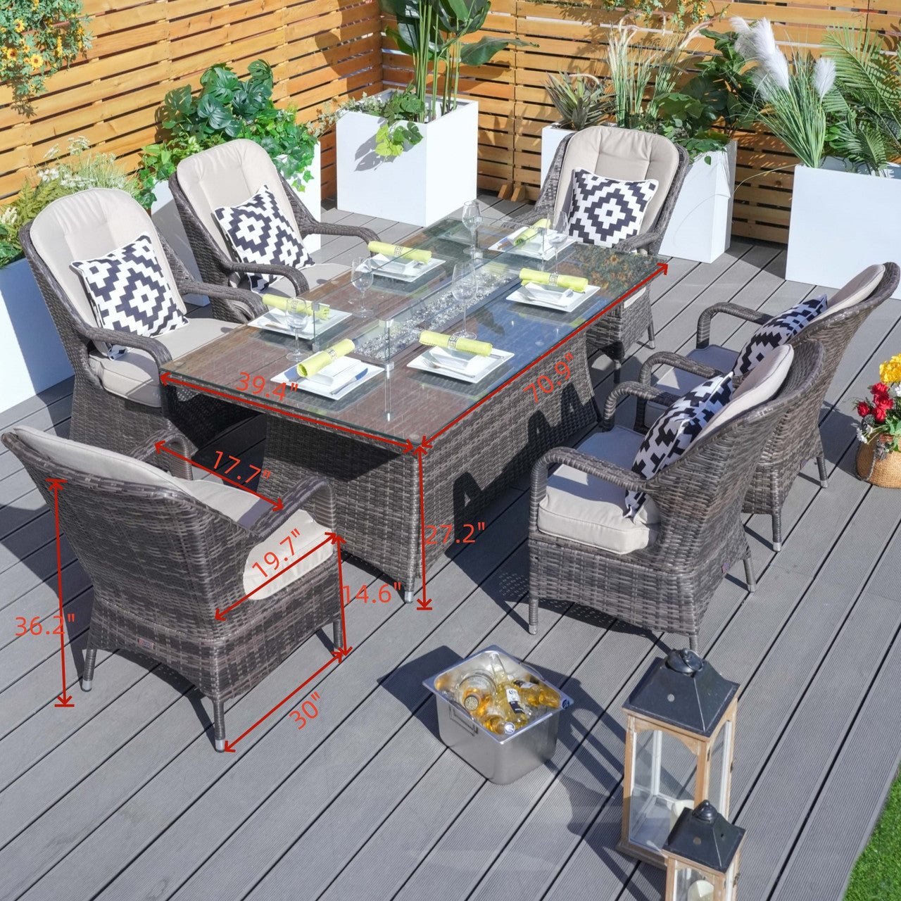 Size of Direct Wicker's 6 Seats Rectangle Patio Fire Pit Set (PAG-1106R) 