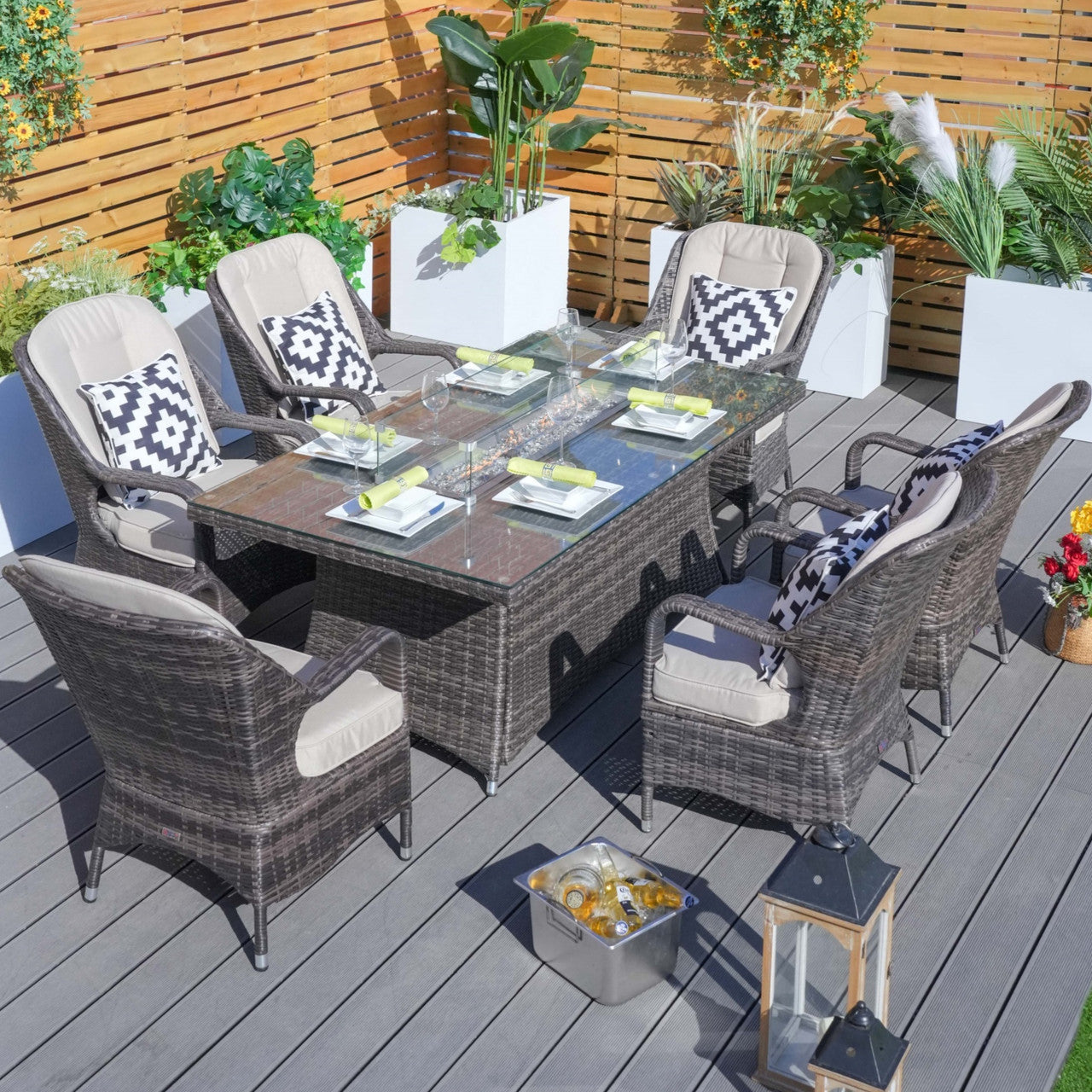 Direct Wicker's 6 Seats Rectangle Patio Fire Pit Set in Brown Color (PAG-1106R) 