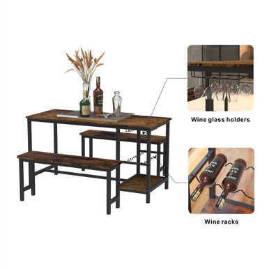 3-Piece Brown Dining Table and Bench Set with Compact Design—PAD-24612D
