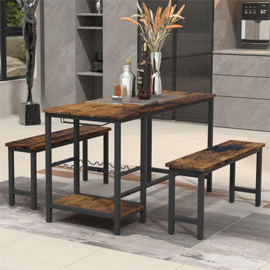 3-Piece Brown Dining Table and Bench Set with Compact Design—PAD-24612D