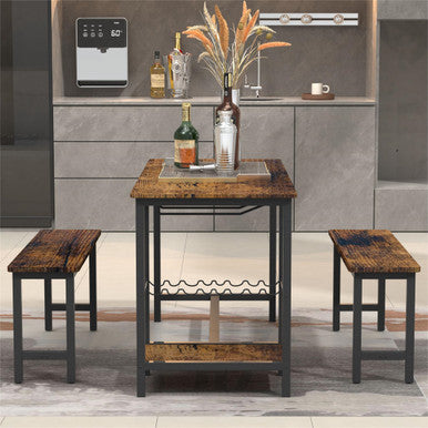3-Piece Brown Dining Table and Bench Set with Compact Design—PAD-24612D