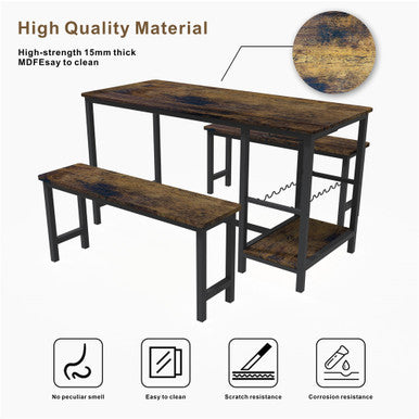 3-Piece Brown Dining Table and Bench Set with Compact Design—PAD-24612D