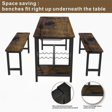 3-Piece Brown Dining Table and Bench Set with Compact Design—PAD-24612D