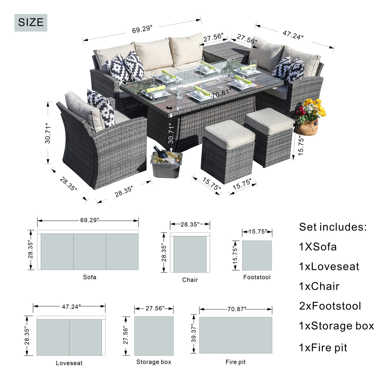 Santiago 6-Pieces Outdoor Conversation Set with Rectangular Firepit Table (PAS-1403B+1106R)