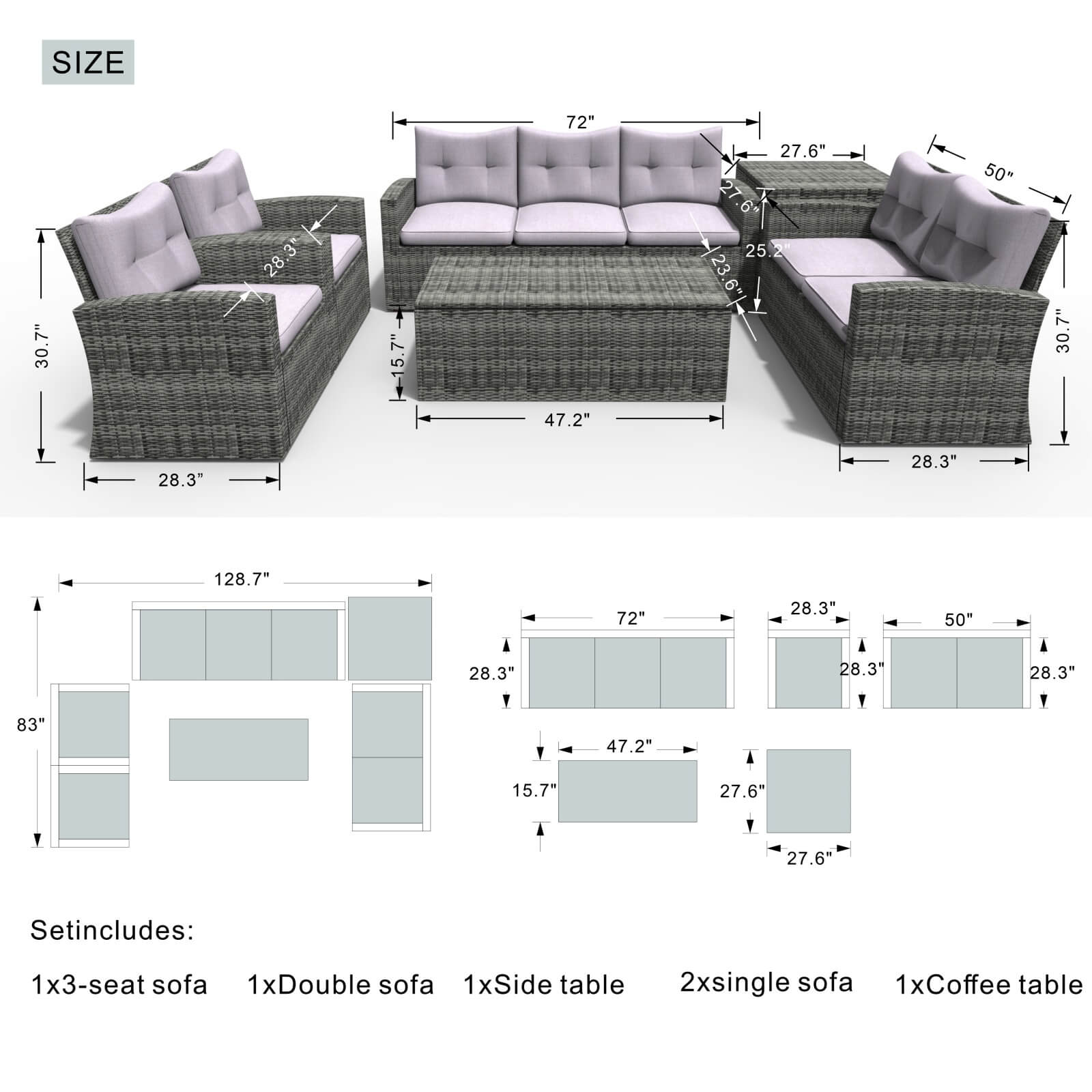 7-Seater Outdoor Sofa Set with Storage Box - PAS-1503-GR
