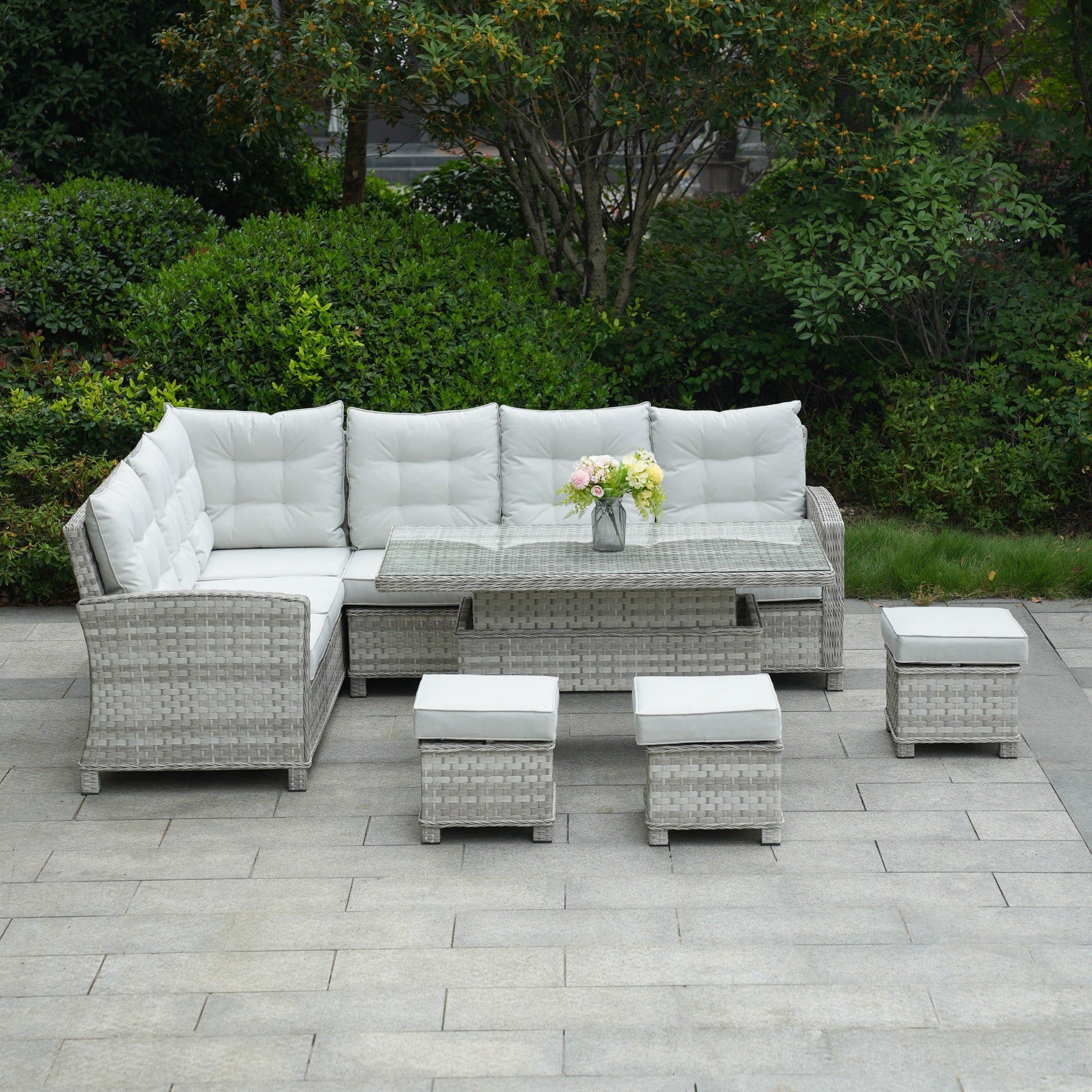 8-Piece PE Rattan Aluminum Corner Conversation Sofa Set with Adjustable Lift Table PAS-16002B-SET