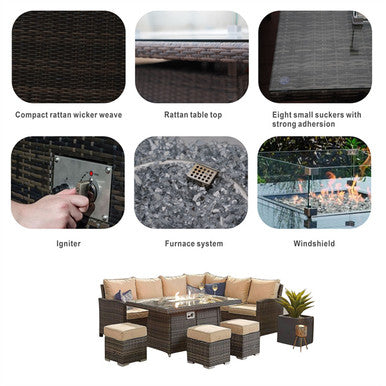 8-Seater Outdoor Corner Sofa Set with Rectangular Fire Pit Table and 3 Footstools – PAF-16591