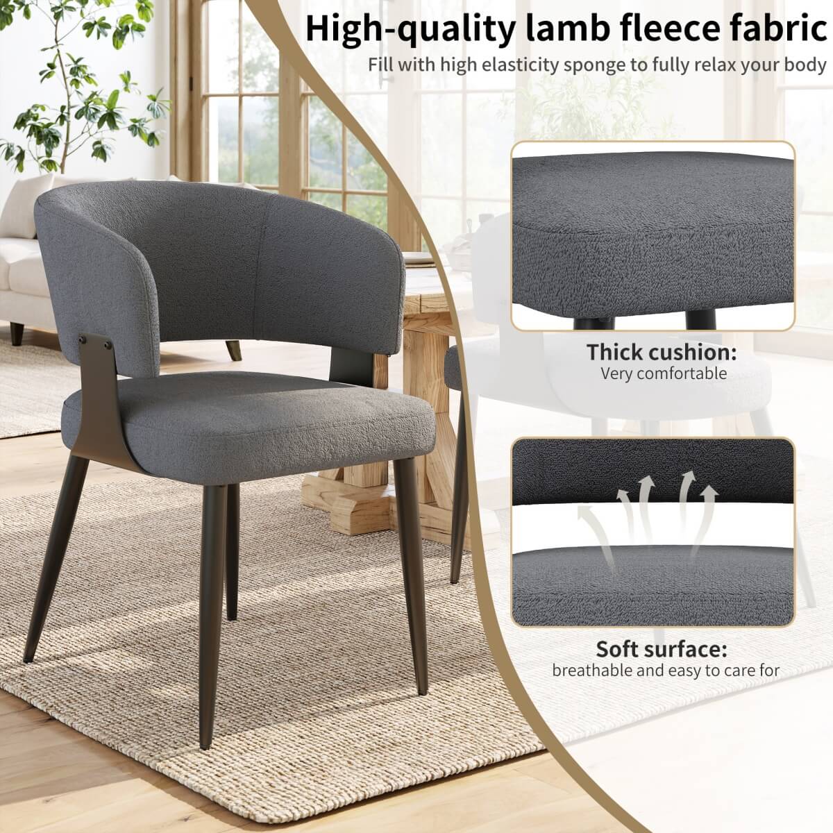 Set of 2 Modern Dining Chairs – Upholstered Fabric Dining Room Chairs with Curved Backrest, Padded Seat and Metal Legs