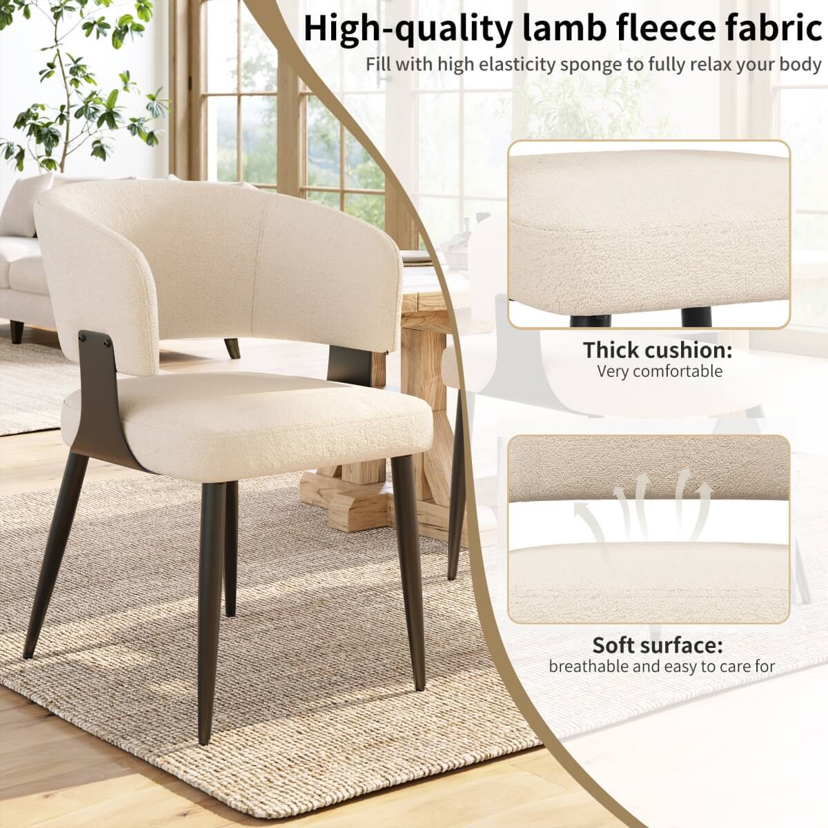 Set of 2 Upholstered Dining Chairs – Curved Backrest, Soft Padded Seat and Metal Legs