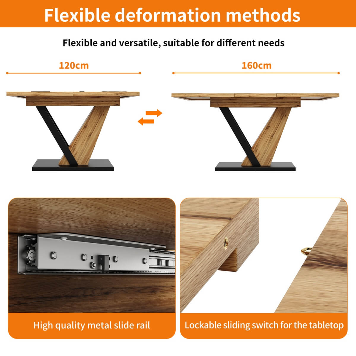 Extendable Dining Table – 120–160cm Wood Grain Table for Kitchen & Living Room