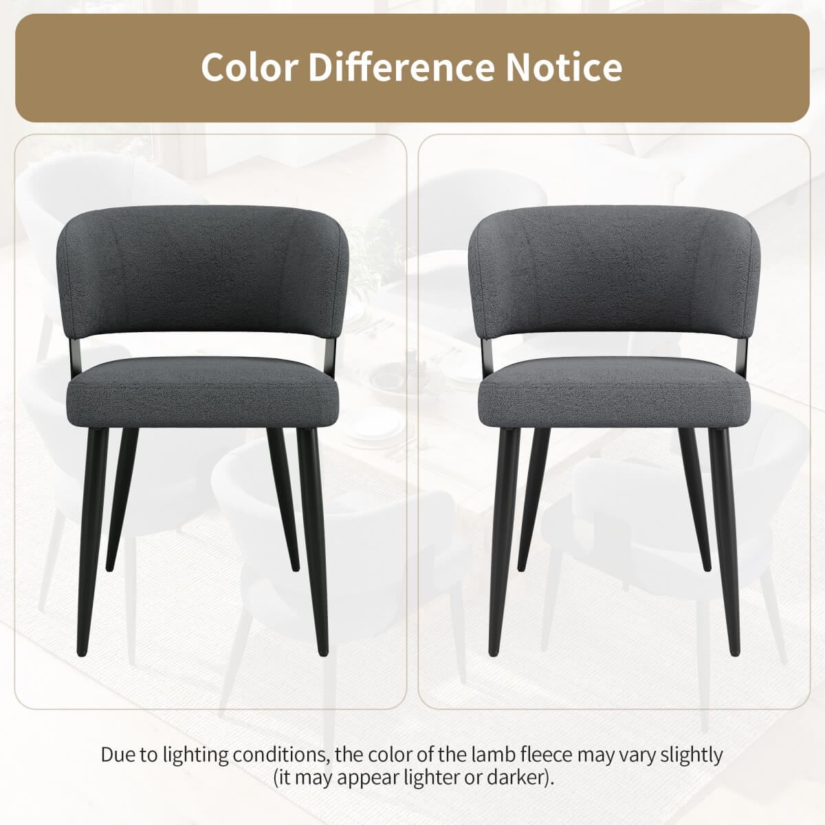 Set of 2 Modern Dining Chairs – Upholstered Fabric Dining Room Chairs with Curved Backrest, Padded Seat and Metal Legs
