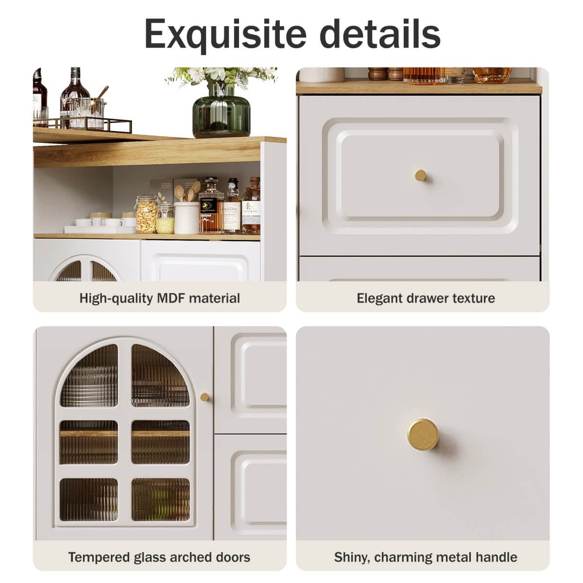 Rotating Sideboard Cabinet – 2 Drawers with Open Storage & Curved Glass Shelves