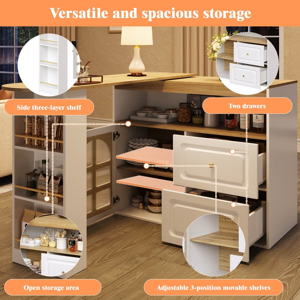 Rotating Sideboard Cabinet – 2 Drawers with Open Storage & Curved Glass Shelves