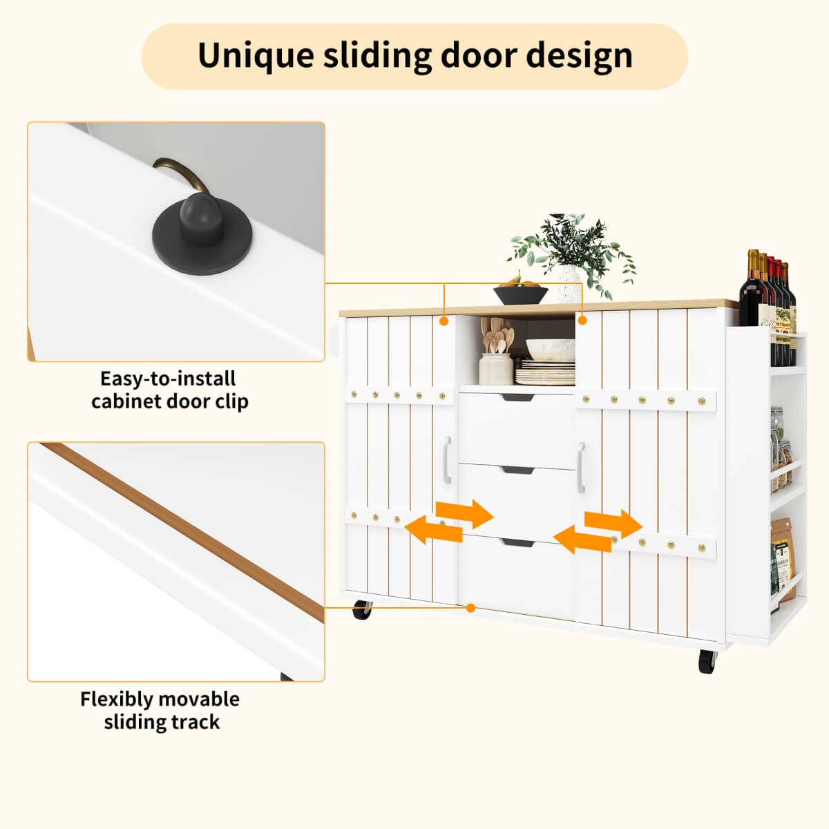 Kitchen Trolley with Worktop – Mobile Kitchen Cabinet with Storage & Sliding Doors