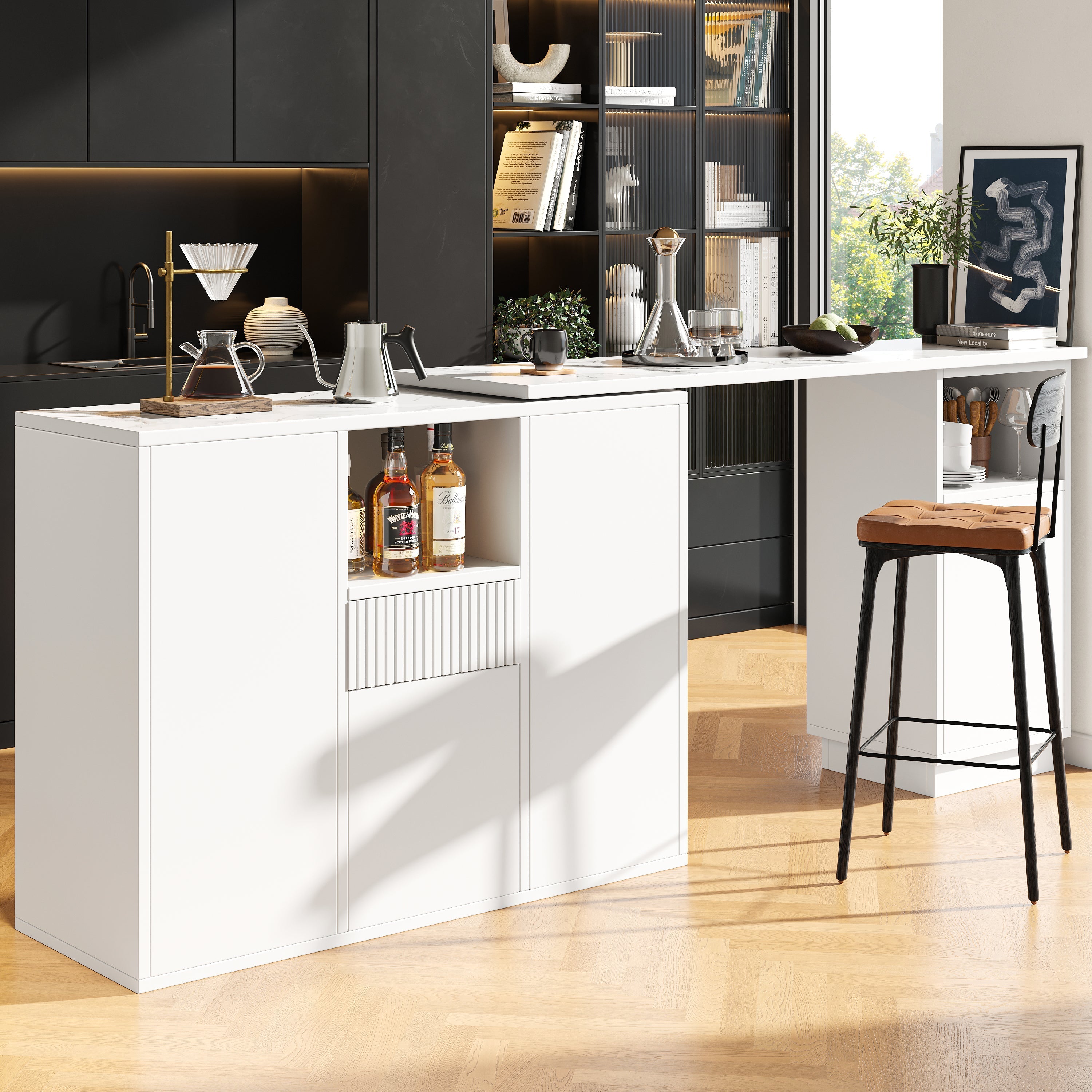 360° swivelling bar table (main body 198.5 x 30 x 75 cm), modern and sleek design, with open storage space and marble worktop, suitable for kitchen, living room and dining room, white