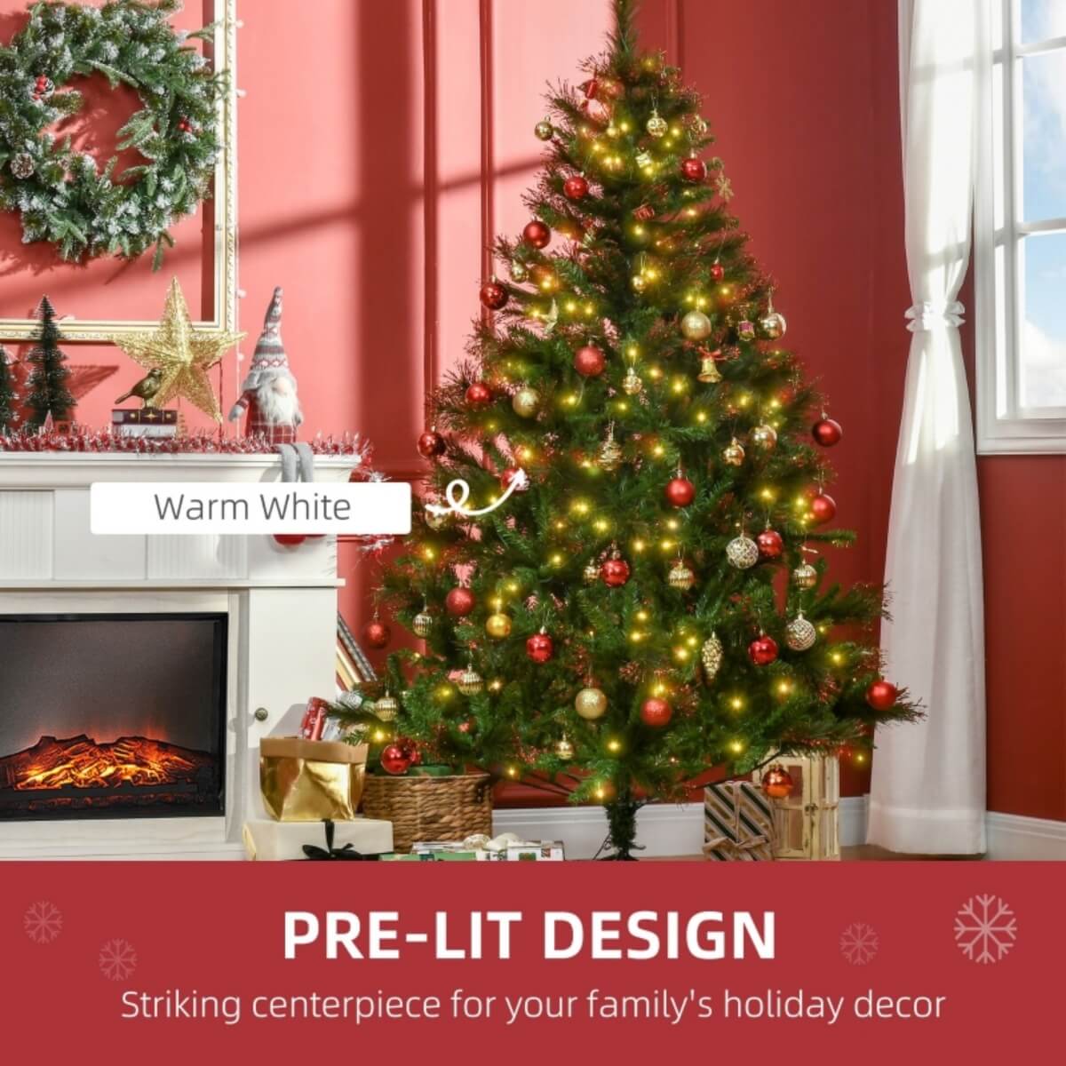 6FT Pre-Lit Artificial Christmas Tree – Realistic Spruce Design with Warm White LED Lights, Metal Stand