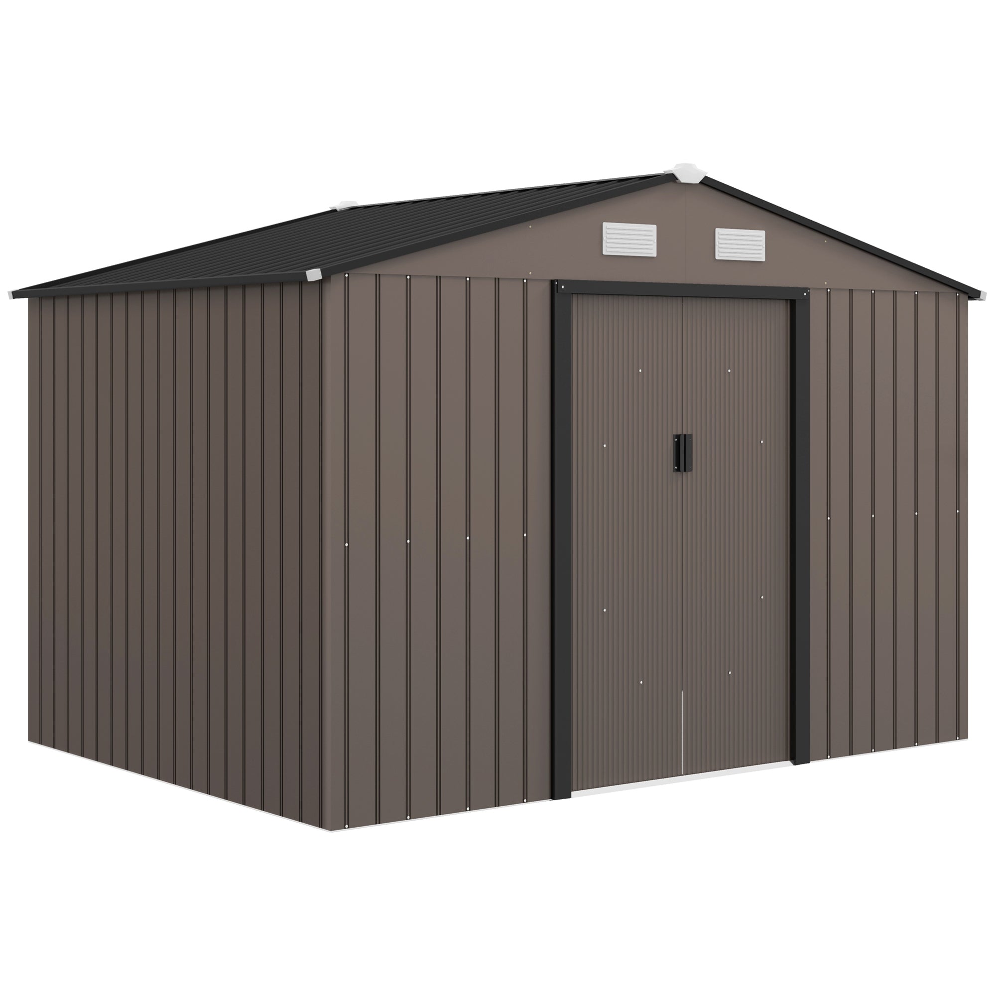Metal Garden Shed with Ventilation, Foundation Kit & Lockable Double Doors, Brown