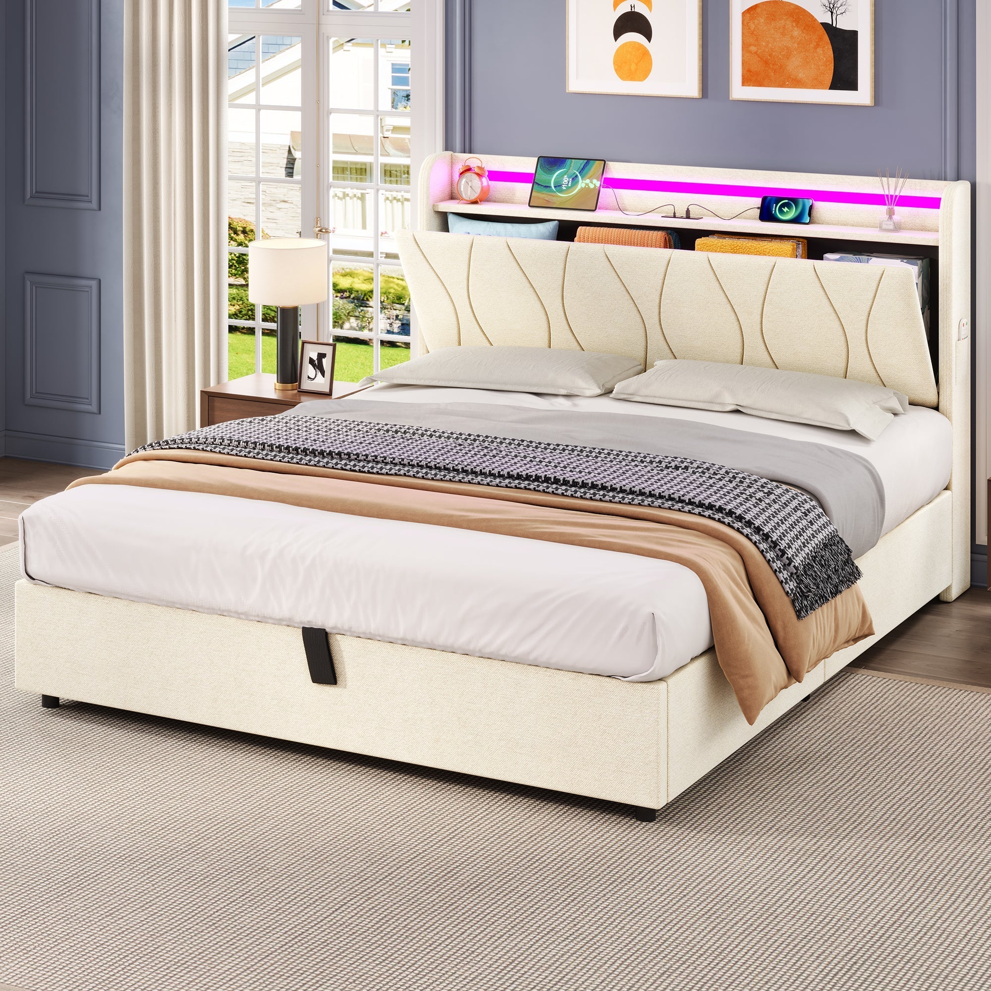 4ft6 Double Upholstered Bed Frame with Hydraulic Storage, LED Headboard, Charging Station, Concealed Storage, Linen Beige