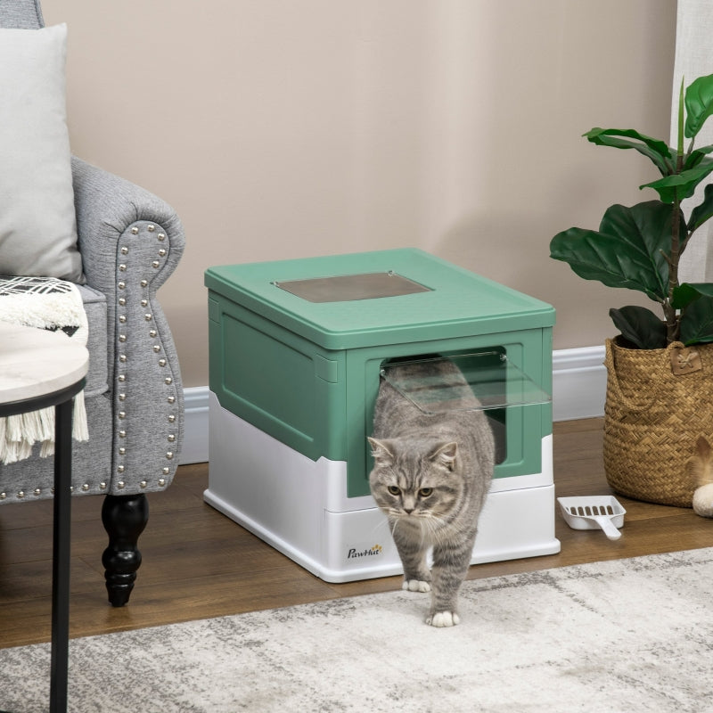 Hooded Cat Litter Box, Portable, with Scoop, Front Entry - Green
