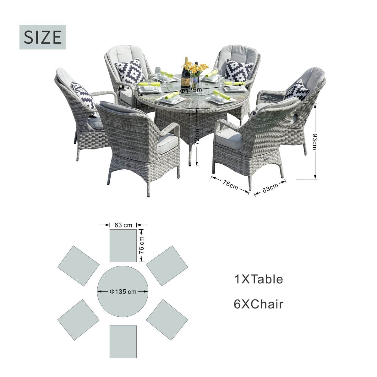 6-Seater Patio Dining Set Round Dining Table  with Lazy Susan and Parma Chairs - PAD-1711
