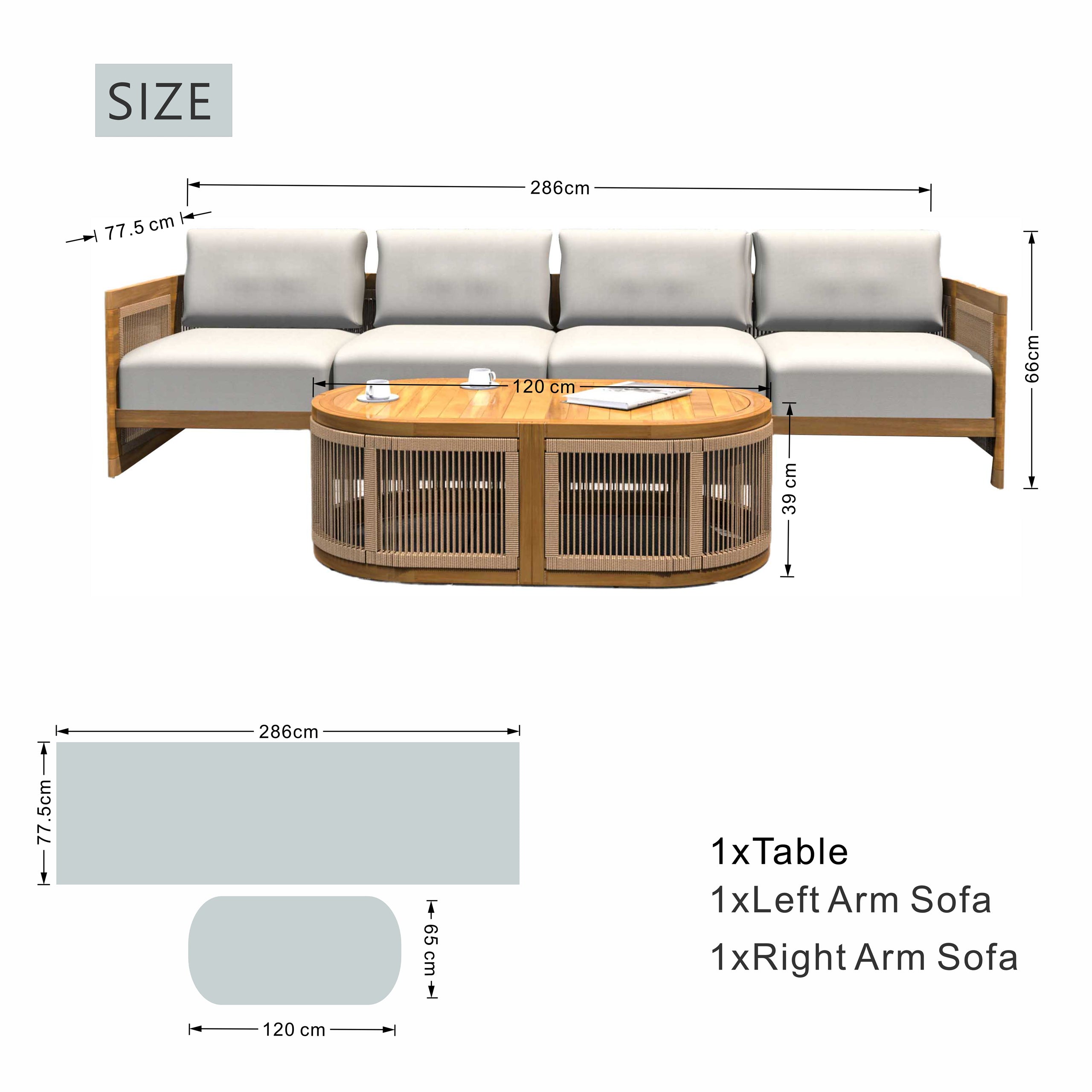 Solid Acacia 4-Seat Sofa with Oval Coffee Table (PAS-2516-LS+RS+OTA)