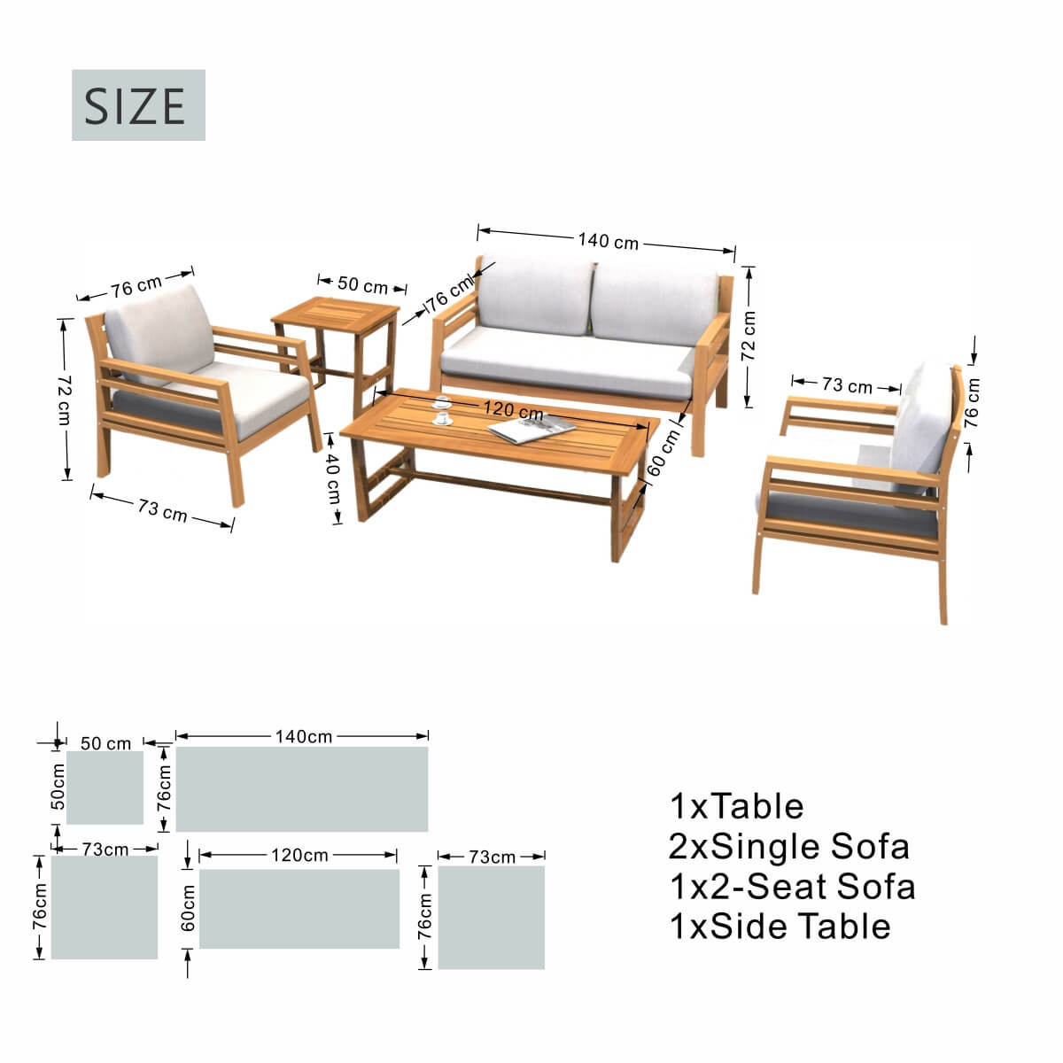 4-Seater Acacia Wood Outdoor Sofa Set – Garden Lounge with Coffee Table and Side Table