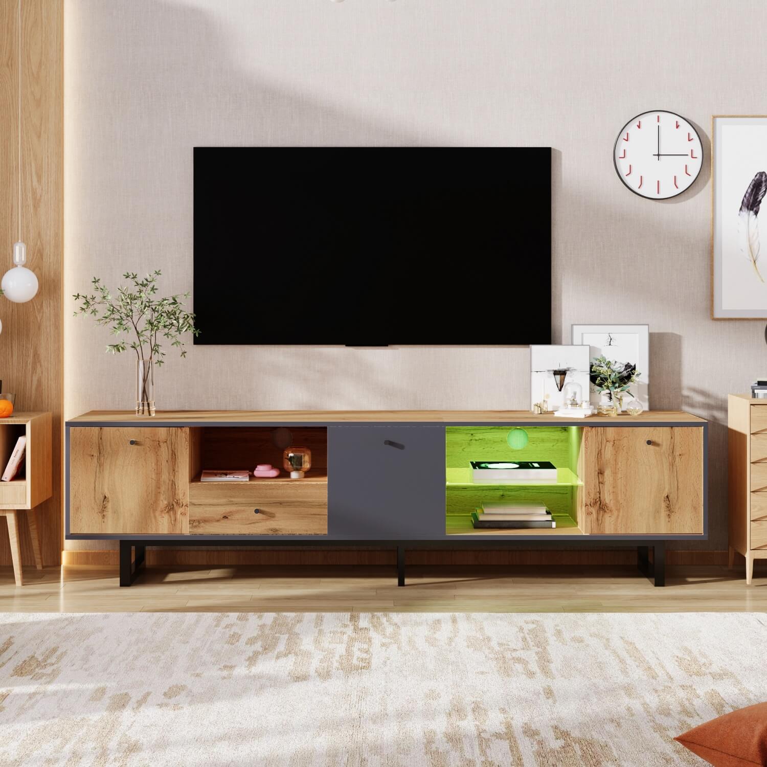 LED TV Unit with Glass Shelves - Modern Lowboard Cabinet with Soft-Close Doors