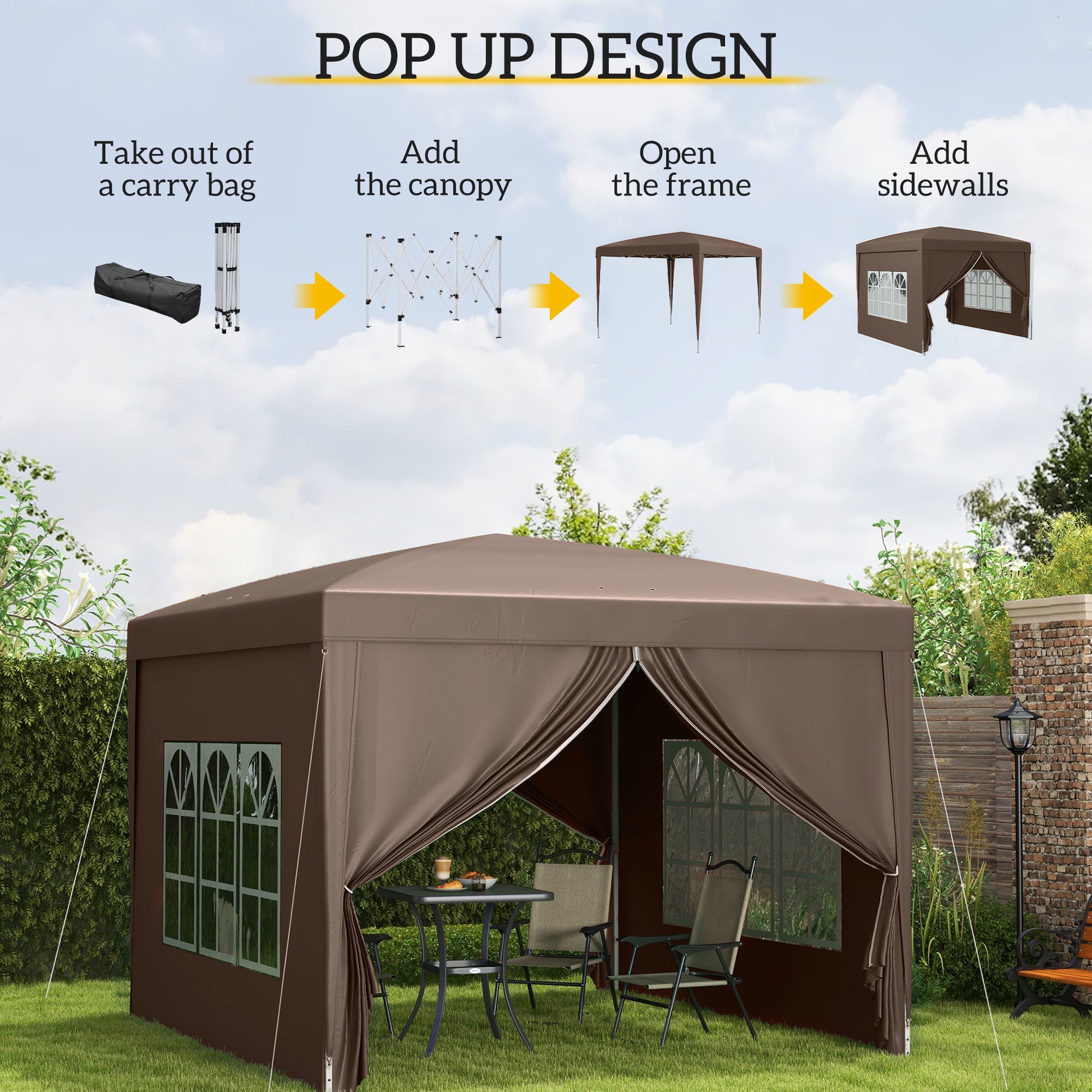 Pop Up Gazebo with Carry Bag and Windows, 3 x 3m, Coffee