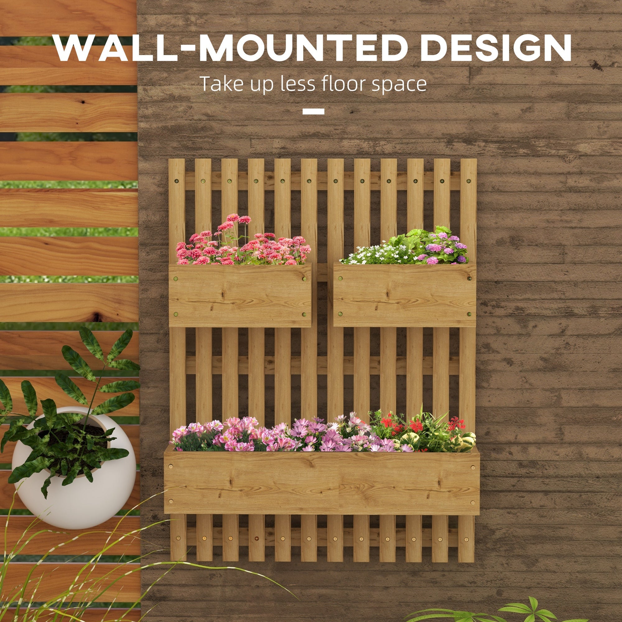 Wall-mounted Garden Planters with Trellis & 3 Planter Boxes, Carbonised Wood