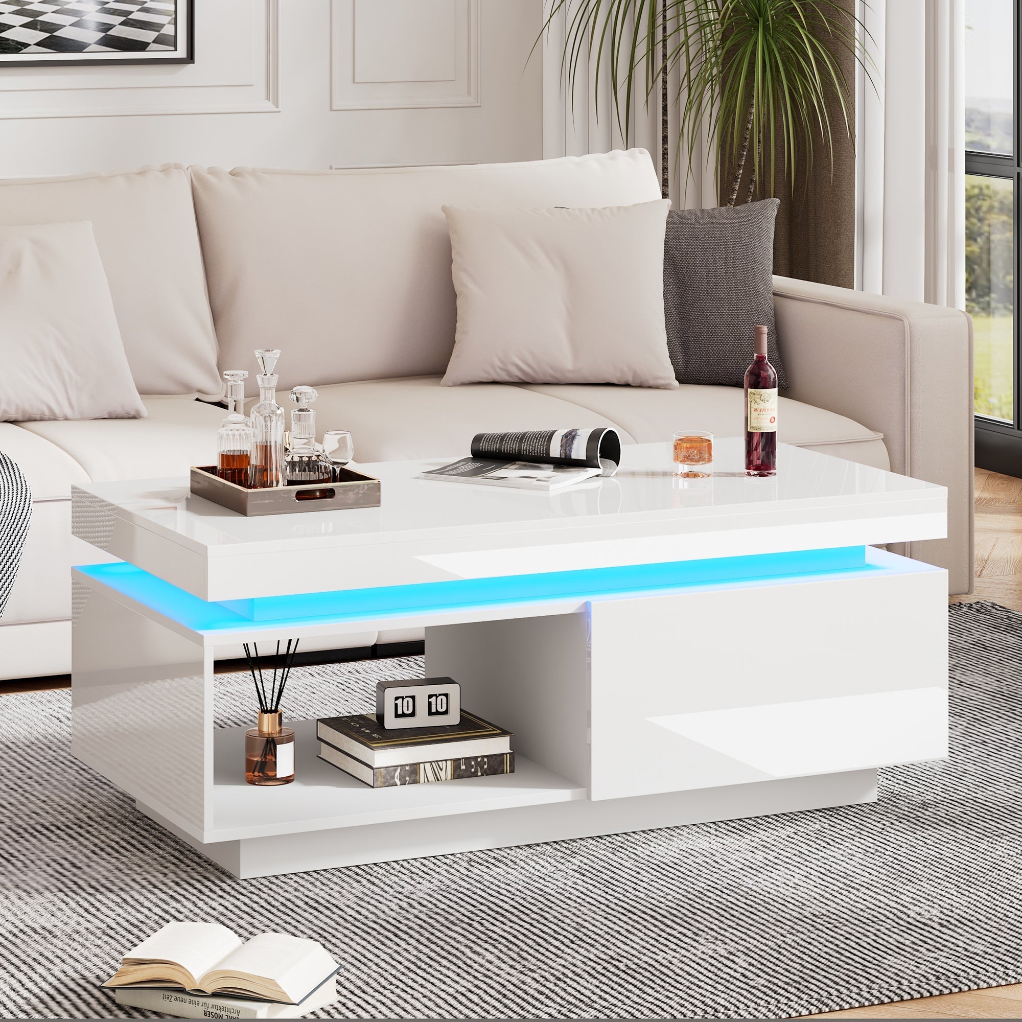 High Glossy LED Coffee Table with Drawer Storage, Wooden Centre Table with RGB Led Lights Rectangle Tea Table for Living Room Furniture, white Coffee Table with Open Display Shelf