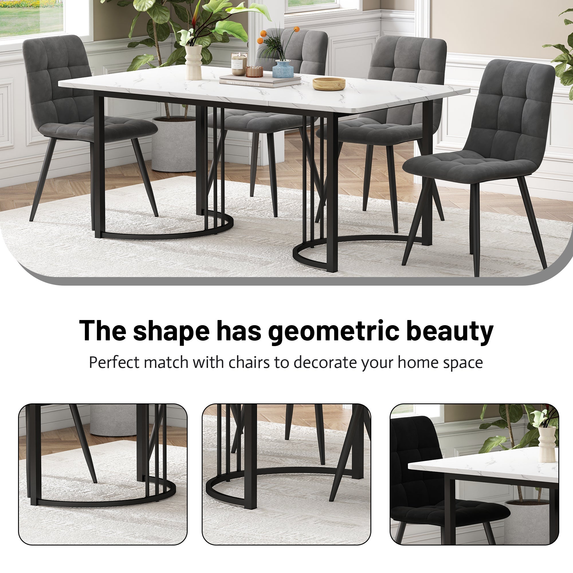 Dining Table, Modern Kitchen Table, Metal Frame Rectangular Dining Table in Modern Marble Pattern, White/Black