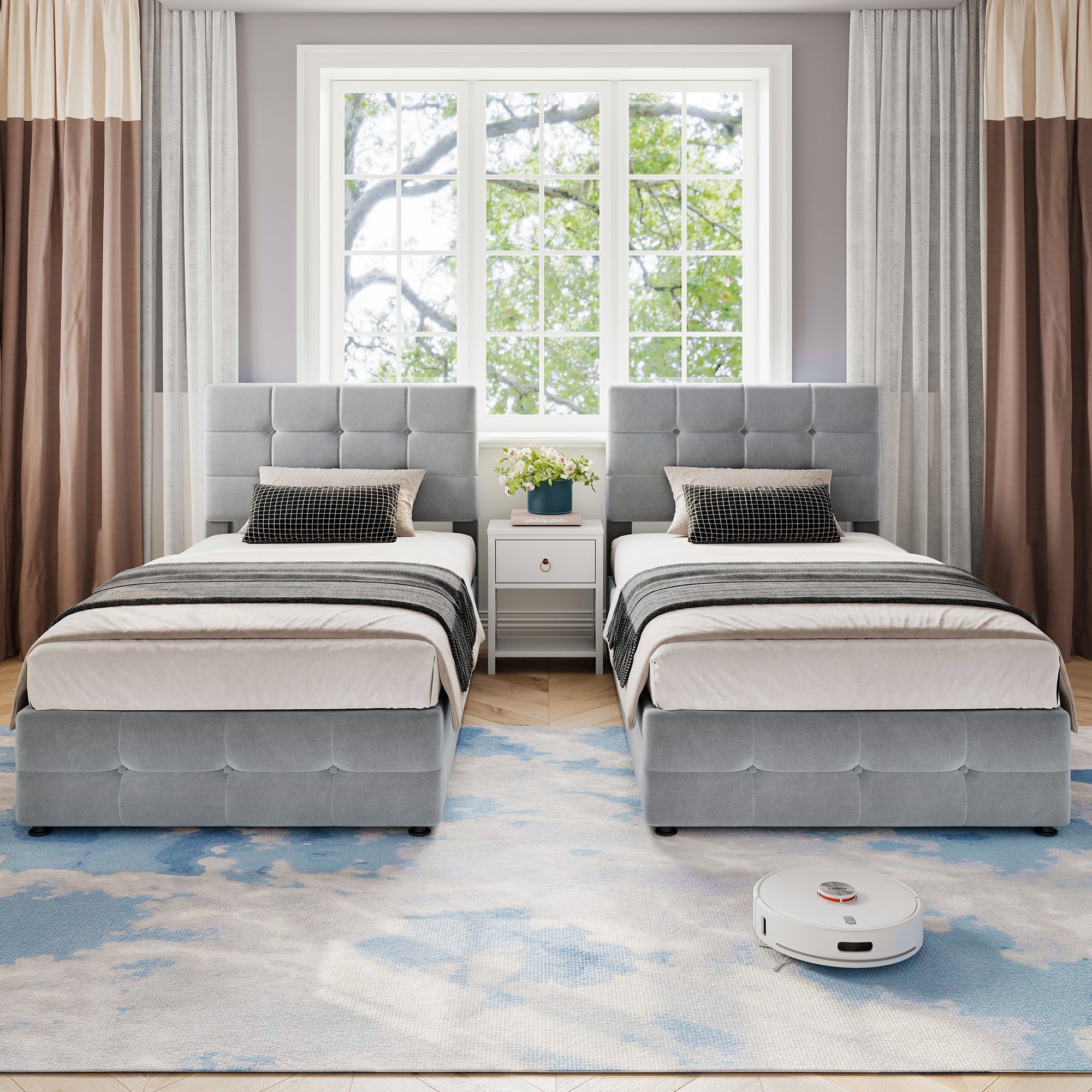 Upholstered Hydraulic Spliced Bed for Adults & Teenagers, Double 180x190cm or Single 90x190cm, with Checkered Sponge Backrest and Two Berth Hydraulic, Velvet & Iron, Grey