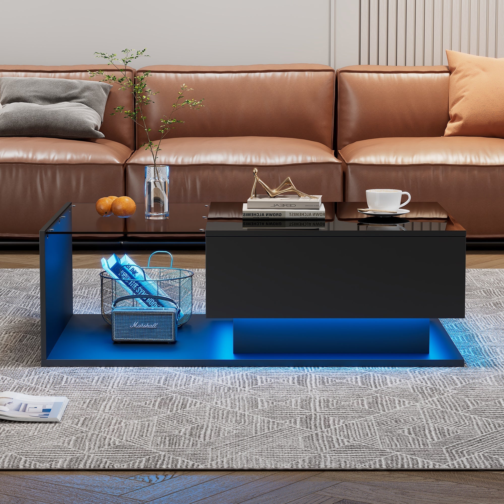 LED Coffee Table, Modern High Gloss Coffee Table, Center Table with Glass, Modern Coffee Table for Living Room with Drawer (Black)