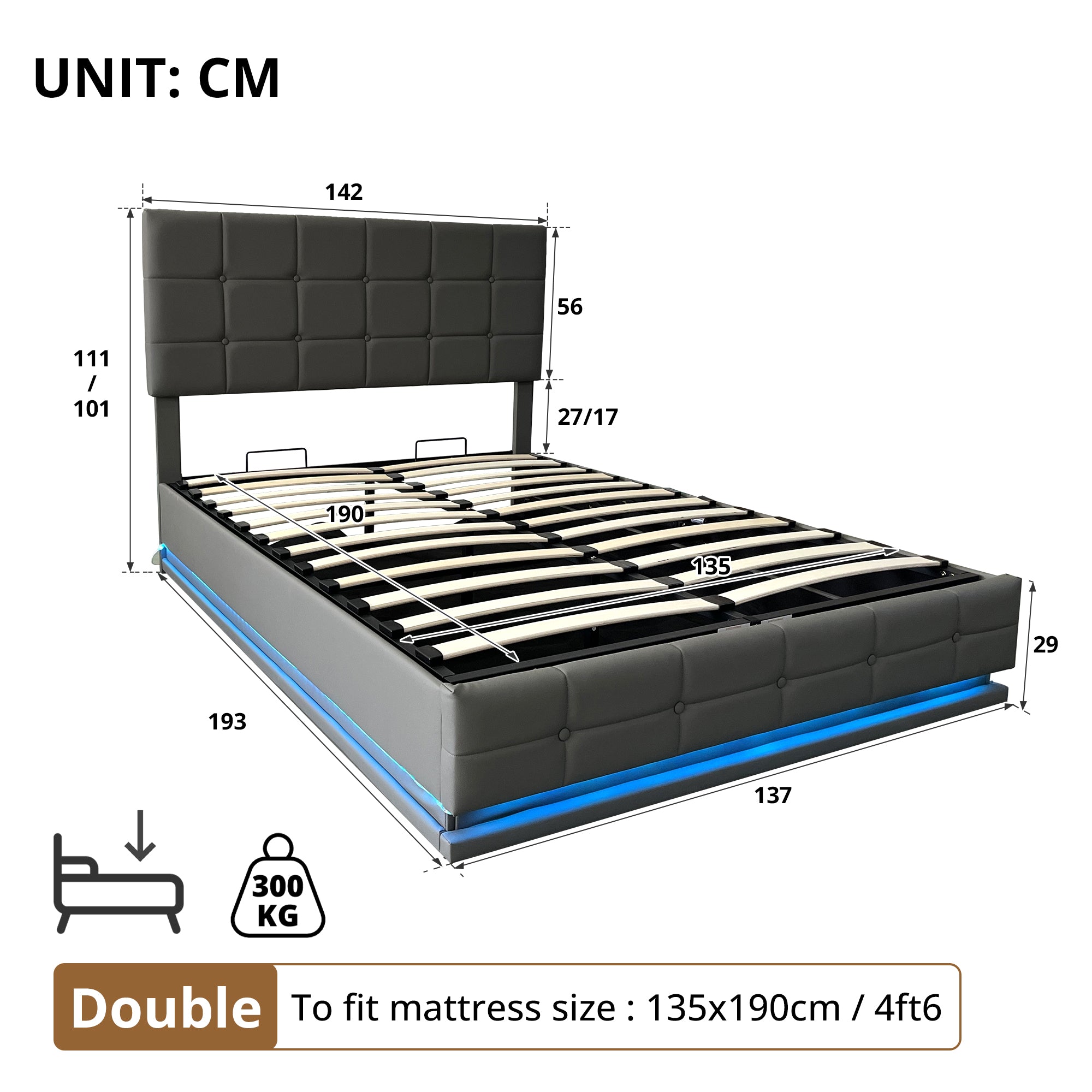 Ottoman Double Bed with LED Lighting, Hydraulic Storage, Adjustable Headboard, Grey PU Leather