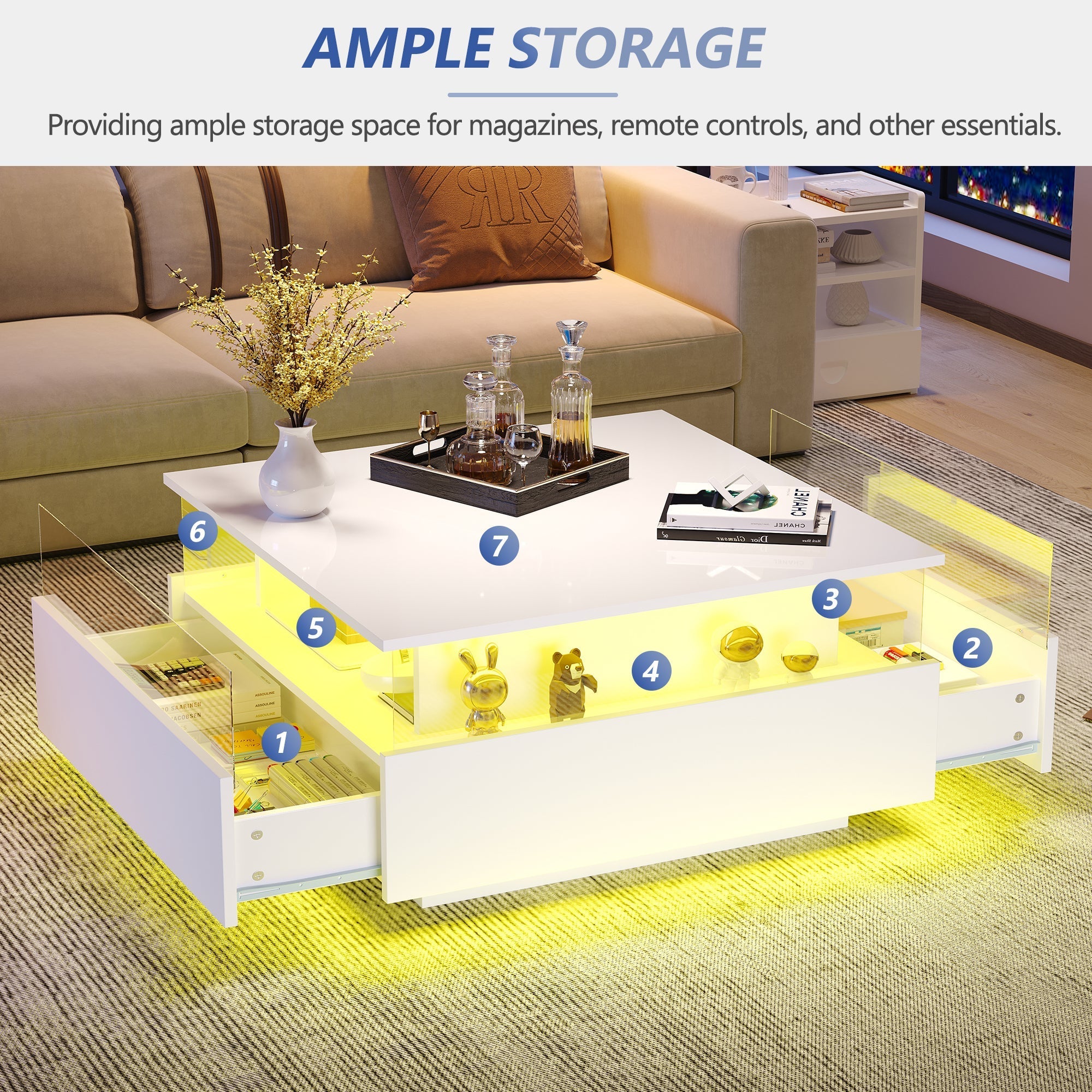 Coffee Table with Storage, Modern LED, White Wood and Acrylic Glass
