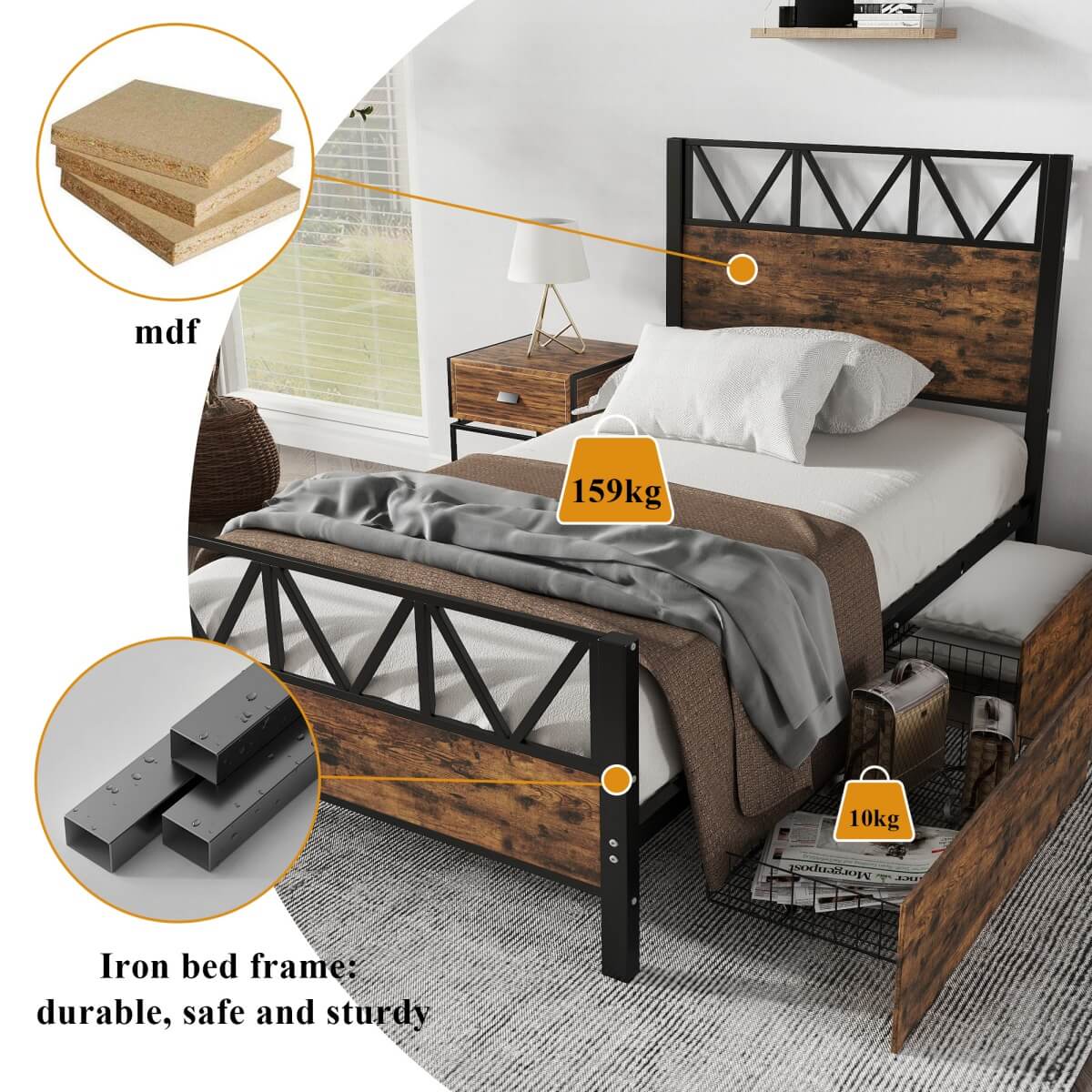 3ft Single Metal Storage Bed Frame with Drawers - Iron Bed for Adults & Teenagers