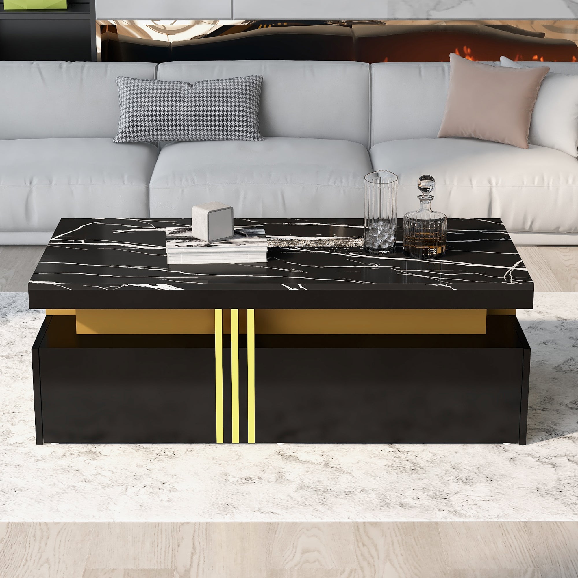 Modern Black Rectangular Coffee Table with Marble Pattern (Triamine Board) Top and 2 Wooden Drawers, Particle Board
