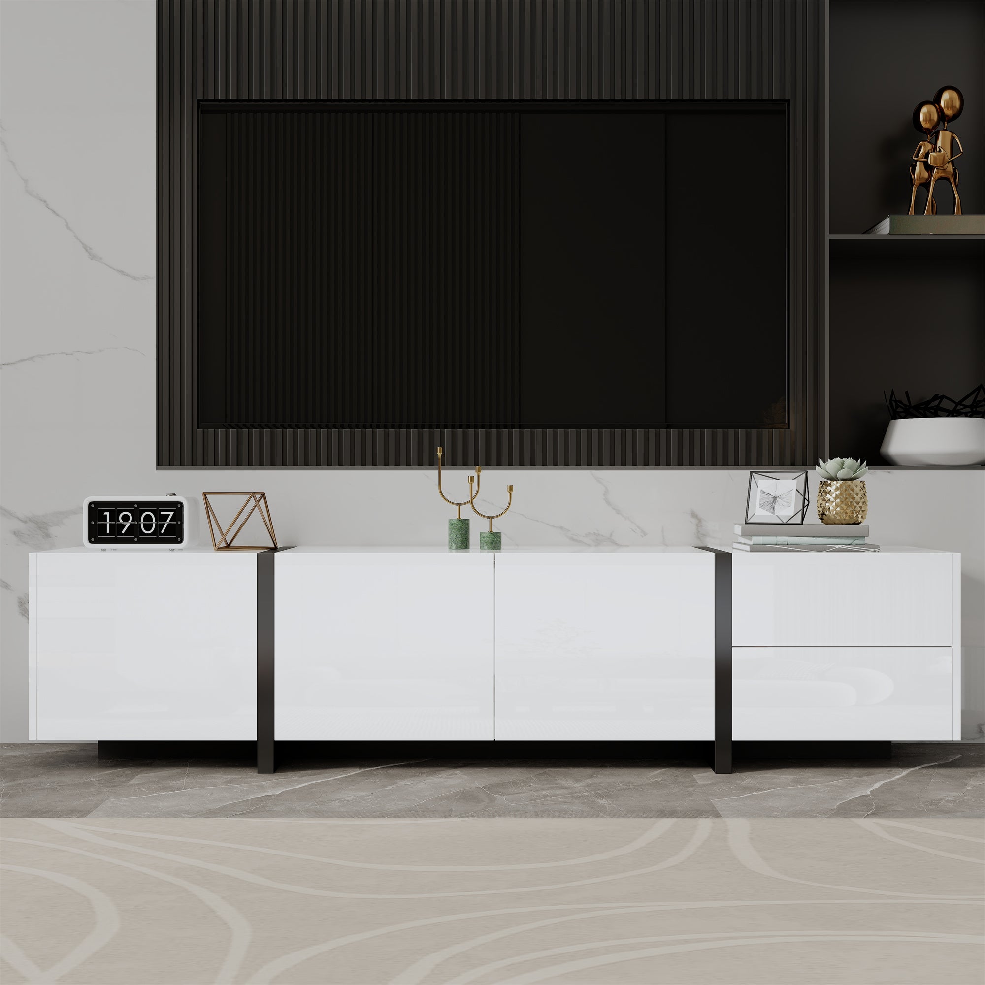 TV Cabinet: White High-Gloss with Black Legs and Simple Doors/Drawers
