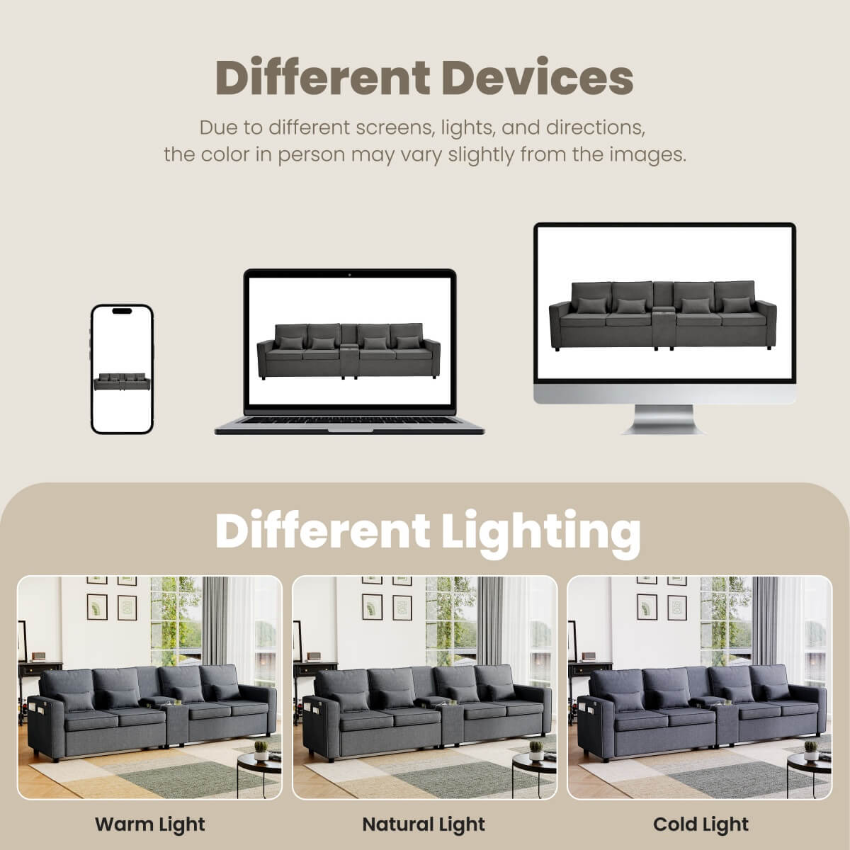 4-Seater Modern Sofa – Grey Linen, Storage Console, Cup Holders & USB/Type-C Charging