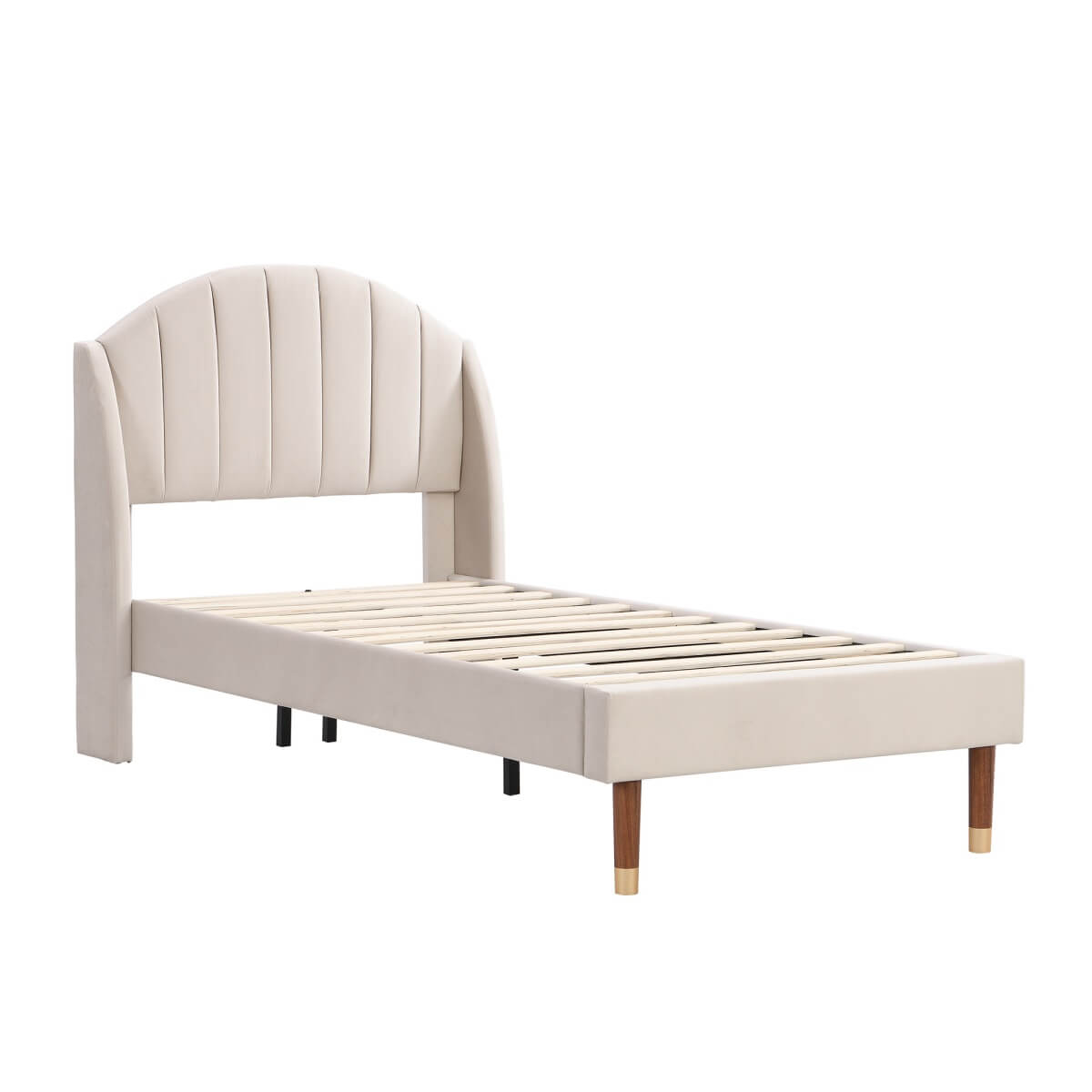 3ft Single Kids Bed - Velvet Upholstered Bed with Slatted Frame & Headboard