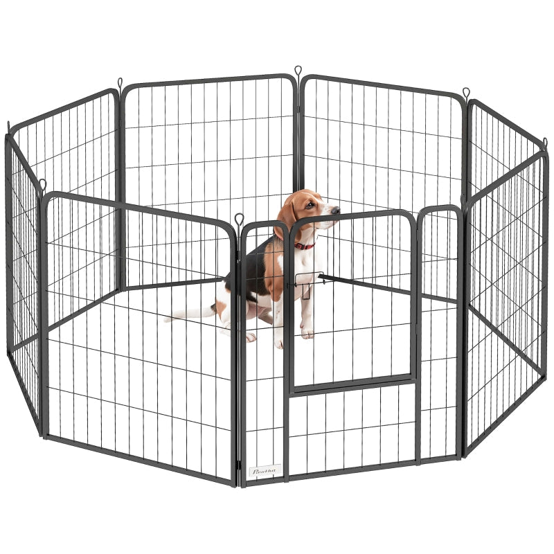 Dog Playpen, Eight-Panel with Door, Large, Indoor, Outdoor, 80cm Tall, Black