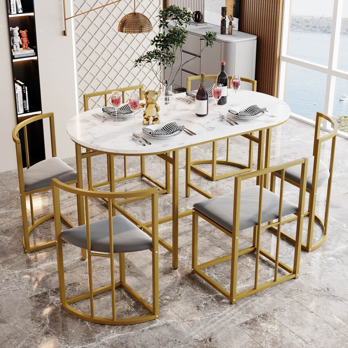 6 Seater Dining Table Set – White Table with Grey Upholstered Chairs, Gold Metal Frame, Modern Dining Room Furniture Set