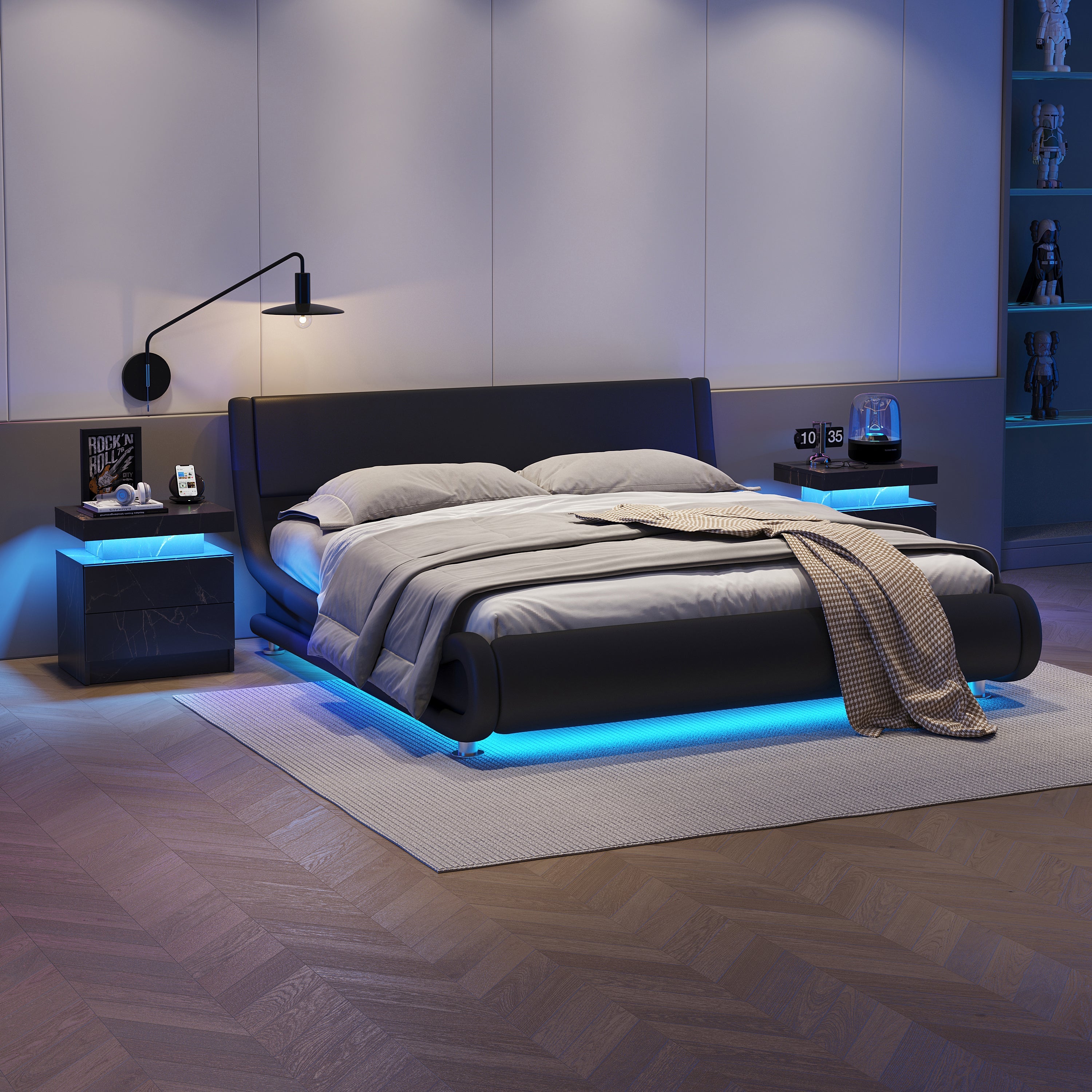 Nightstand with LED Bedside Table Cabinet Lights and 2 Drawers, Black Gold