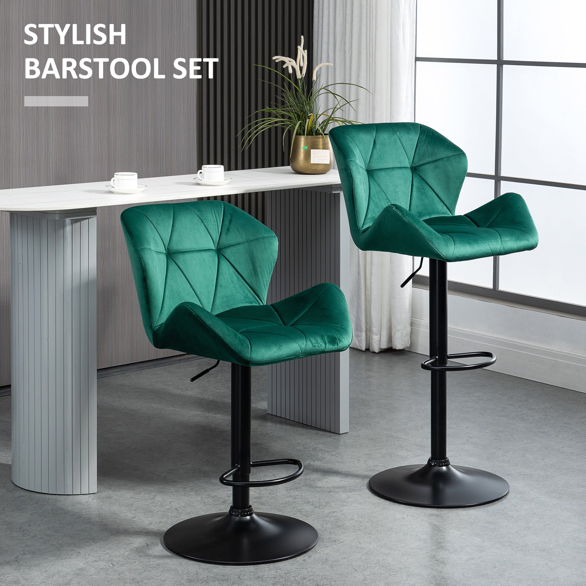 Bar Stools Set Of 2, Adjustable Height with Metal Frame Footrest, Velvet-Touch Green