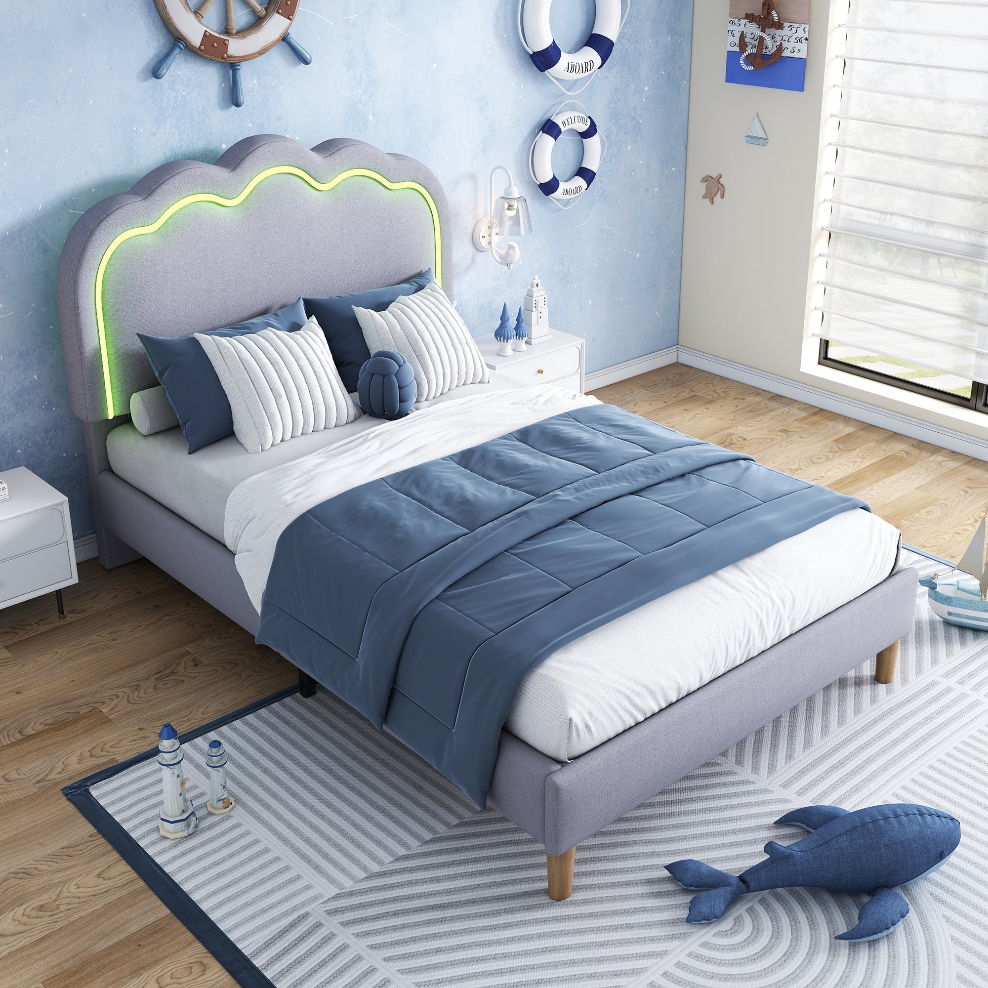 Upholstered Bed: Single Bed with LED & Adjustable Height Headboard, Grey Linen Material